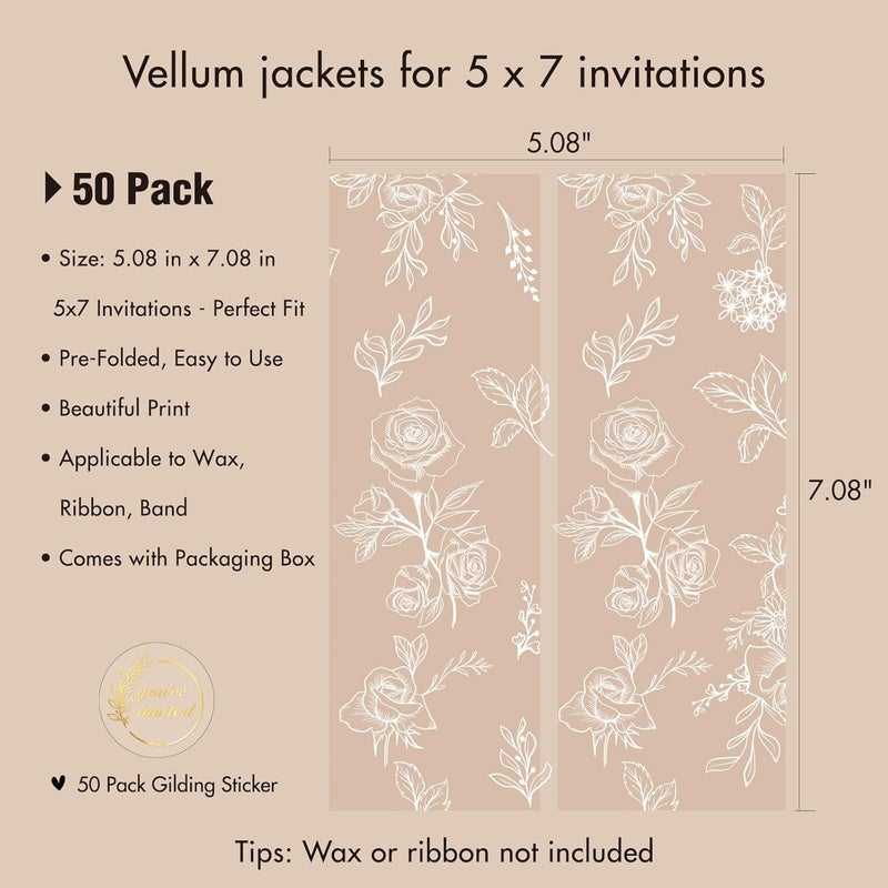 AZAZA 50 Pack Pre-Folded Vellum Jackets for 5x7 Invitations, Translucent Invitation Sleeves,115GSM Vellum Jackets 5x7, Wedding Invitation Accessories,for Weddings Birthdays,Botanical Flower Pattern - Image 2